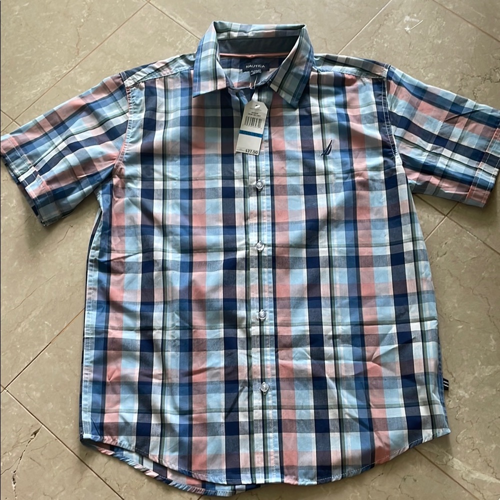 Nautica XL Boys  Casual Plaid Shirt - Blue and Pink